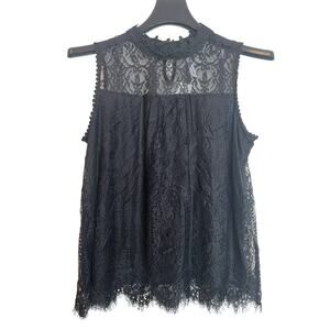 NY Collection Womens Mock Neck Keyhole Back Lace Blouse Sleeveless Size 1X Black